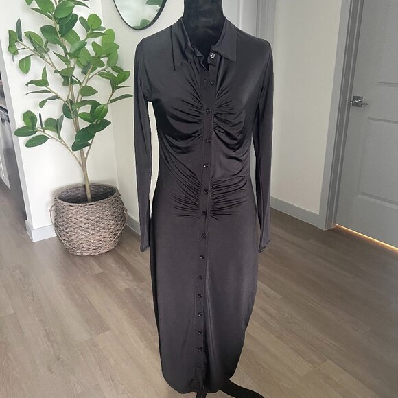 Pretty LittleThing Womens Black Ruched Midi Dress Sz 10 Cocktail Dark Academia - Picture 1 of 6
